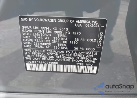 2024 Volkswagen Atlas Cross Sport 2.0T Se W/Technology from USA, damaged, VIN 1V2JE2CA3RC249098